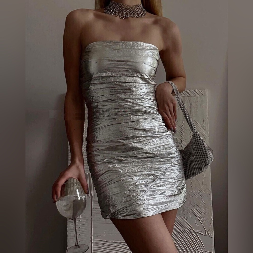 ZARA SILVER DRAPED MINI DRESS